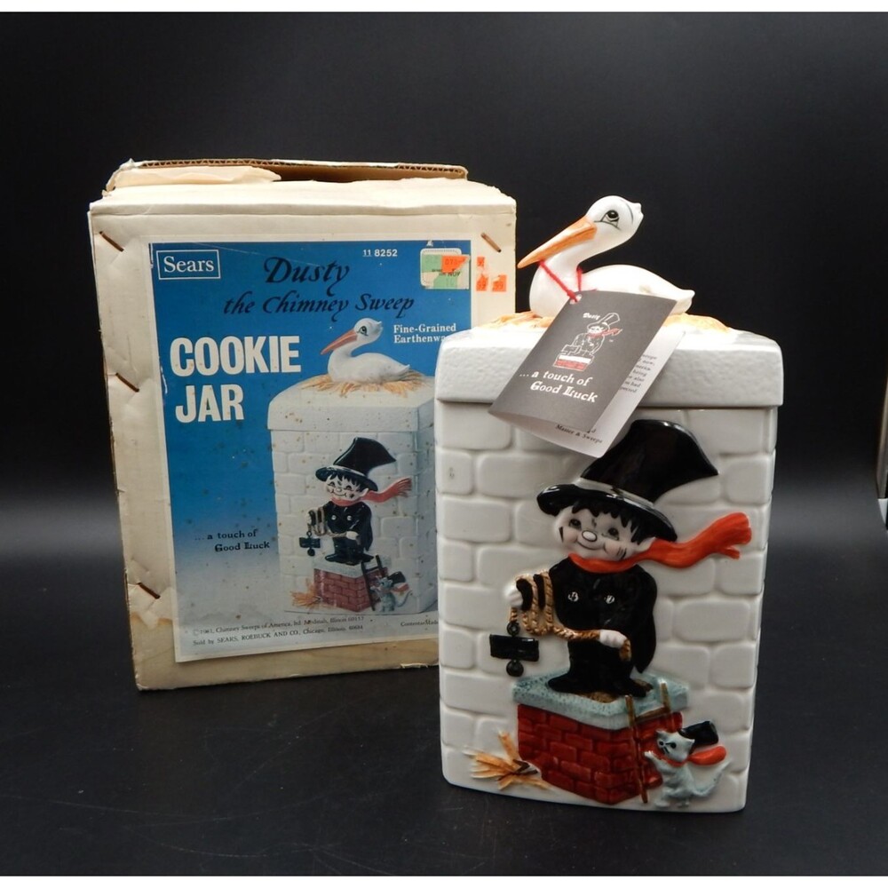 Sears Chimney Sweeps Of America 10" Cookie Jar Stork Lid 1981 Vintage Japan Box